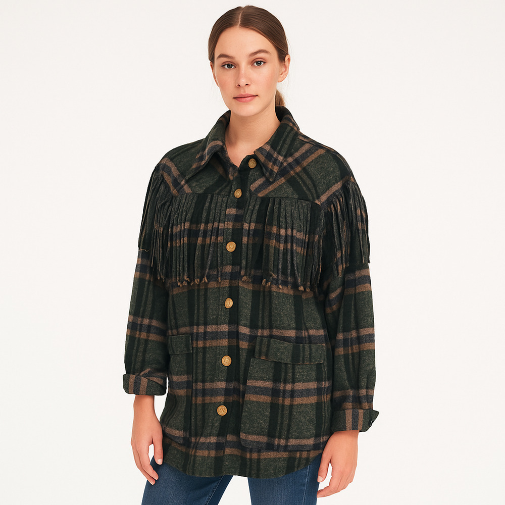 BlankNYC Plaid Fringe Shacket M Green Western Jacket Anthropologie
